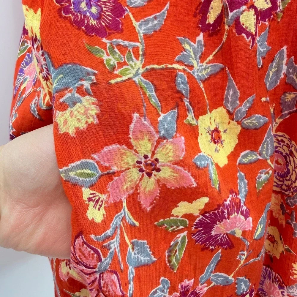 Free People Orange Floral Smocked Mini Dress Sleeveless V-Back XS Boho Fetival